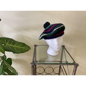 F Robertson Hat VTG.  Wool Beret TAM HAT Pom Pom of Montreal Green Blue Orange